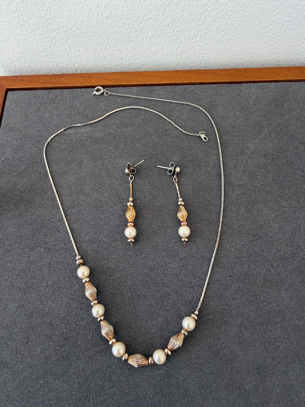 Faux Pearl & Silver Tone Bead Necklace & Earring Set